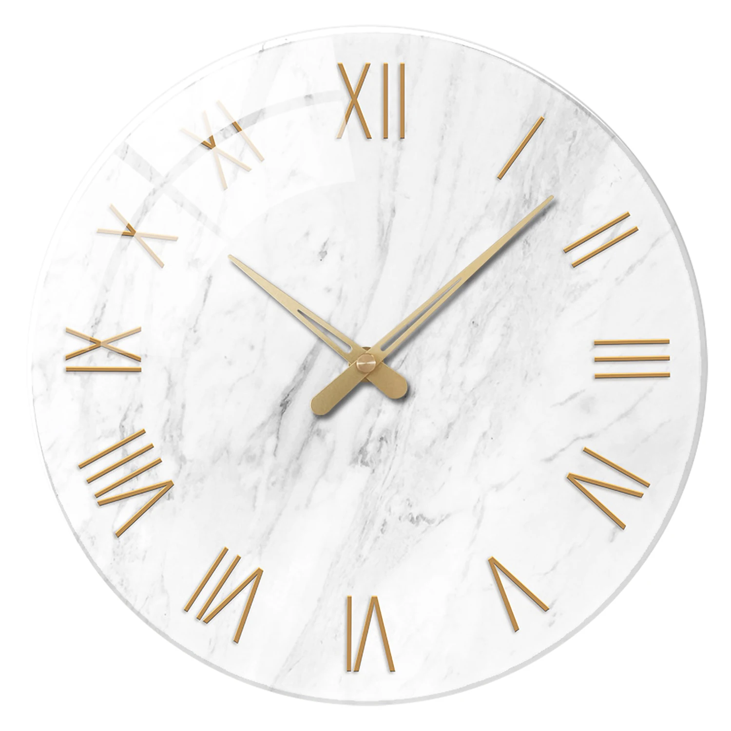 1pc 12 inch Wanduhr aus gehärtetem Glas, moderne einfache weiße Marmor Textur Gold römische Ziffern Design Wanduhr, Home Mute Uhr