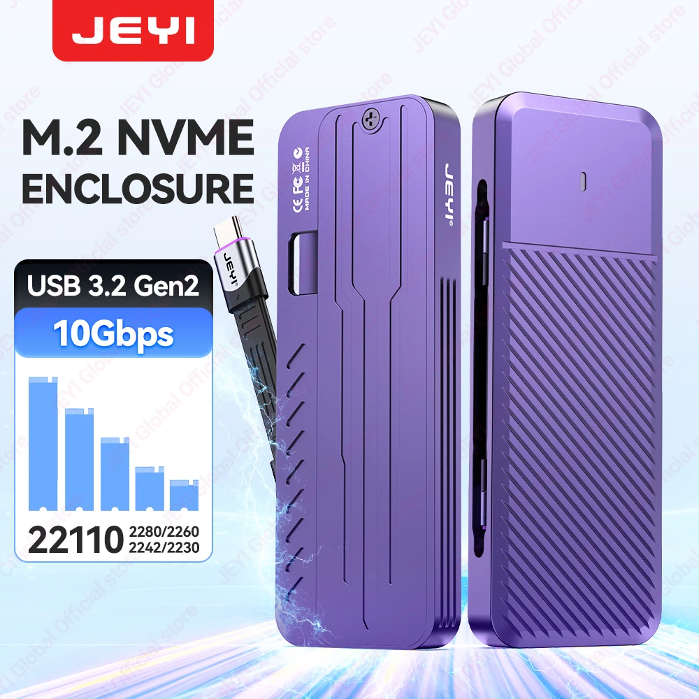 JEYI 22110 M.2 NVME SSD-Gehäuse – USB 3.2 (10 Gbit/s) Typ C, unterstützt M&B+M-Tasten 2230/2242/2260/2280, mit Flachkabel Image