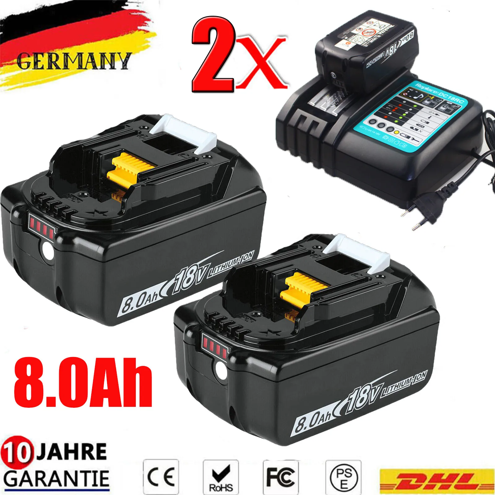 2x 18V 8,0Ah Ersatz für Makita Akku 18V Li-Ion Akku BL1860B BL1850B BL1830 Ersatzakku 97422-4 DHL Image