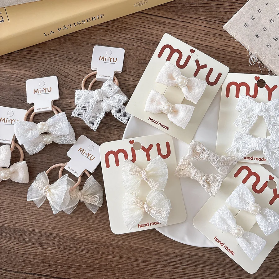 Neue süße Spitze Bowknot Baby Haar Kompression Clips Haar Seil vielseitig Mädchen beige elegante Prinzessin Fee Pony Rand Clip Haarnadel