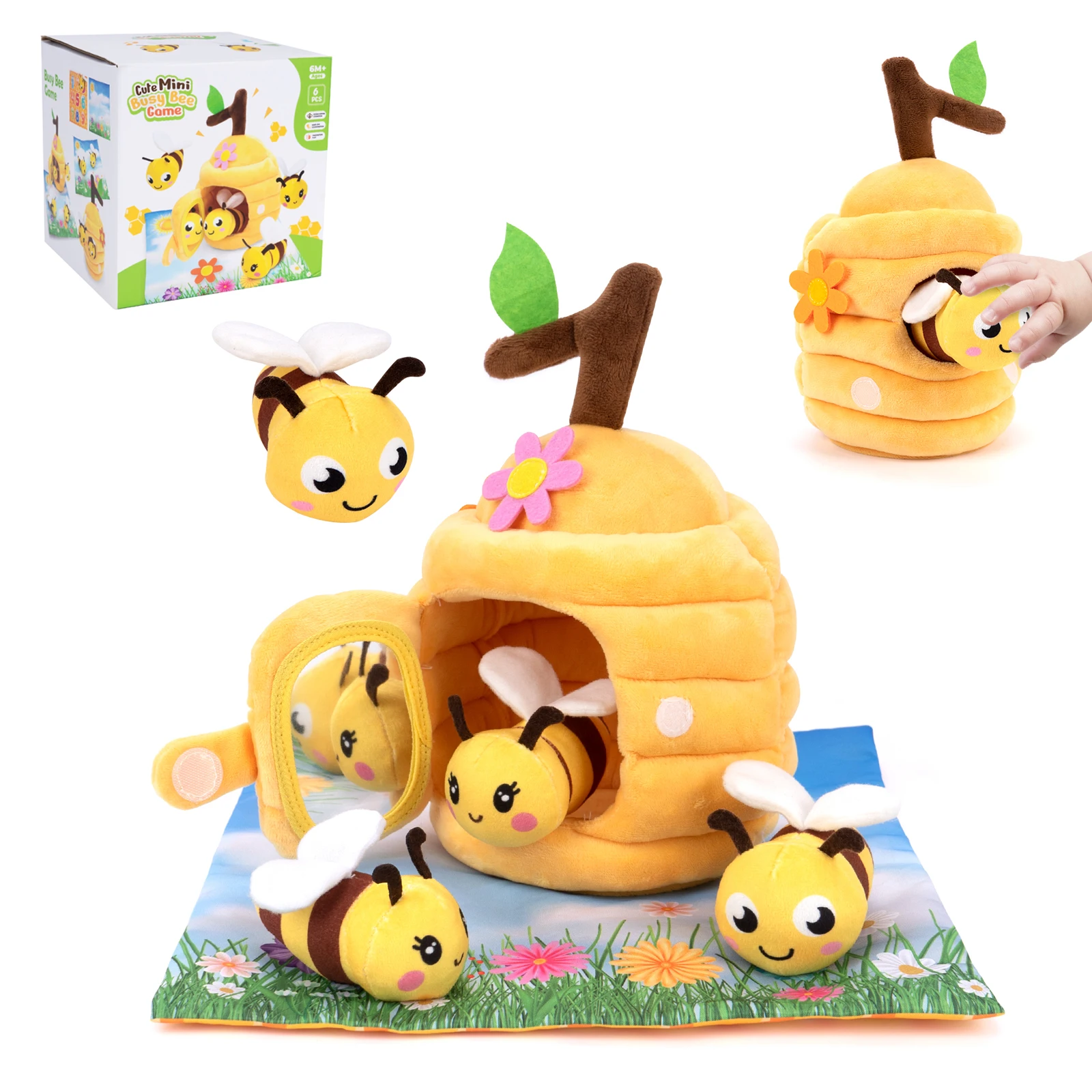 Baby-Spielzeug 6-12 Monate Plüsch-Aufbewahrungsspielzeug Bienen-Bauernhof-Tiere Weiche Spielzeuge Montessori Hand-Auge-Koordination Sensorisches Spielzeug Kleinkinder-Geschenke