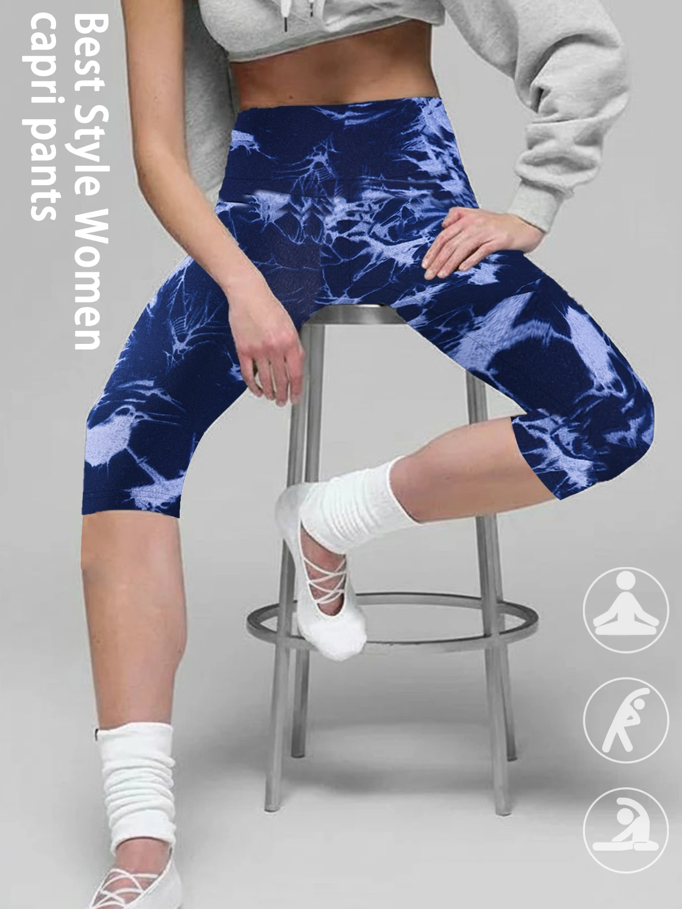 Superweiche, hochtaillierte Capri-Sporthose mit Batikmuster für Damen, nicht durchsichtig, für Workout, Laufen, Yoga, Sport Image