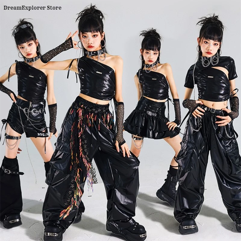 Mädchen K-pop Shiny Crop Top Röcke Street Dance Cargo Hosen Kinder Hip Hop Jazz Mädchen Gruppe Kleidung Sets Kinder streetwear Kostüm Image