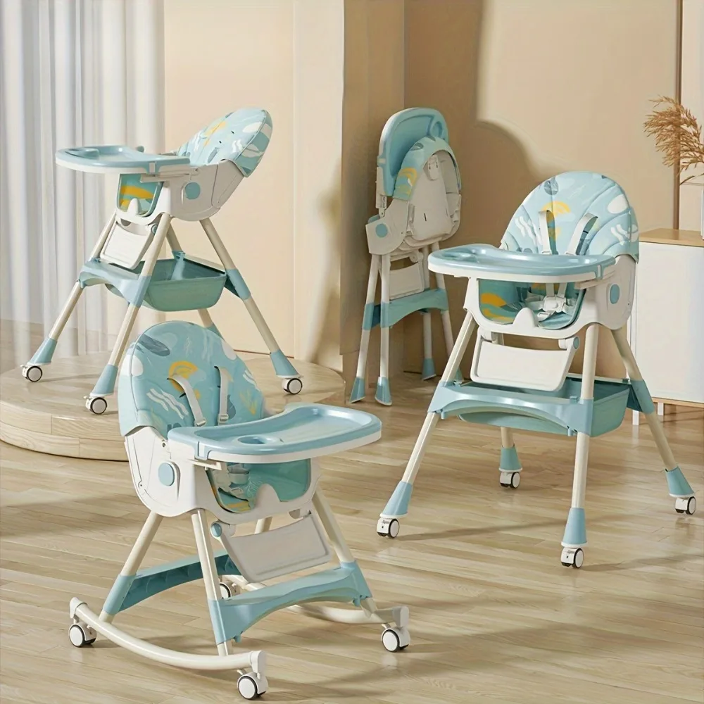 3-in-1 umwandelbarer Babyhochstuhl, faltbarer Säuglingsstuhl, Schaukelstuhl mit Gurt, abschließbaren Rädern, abnehmbarer Sitz und Tabletts Image