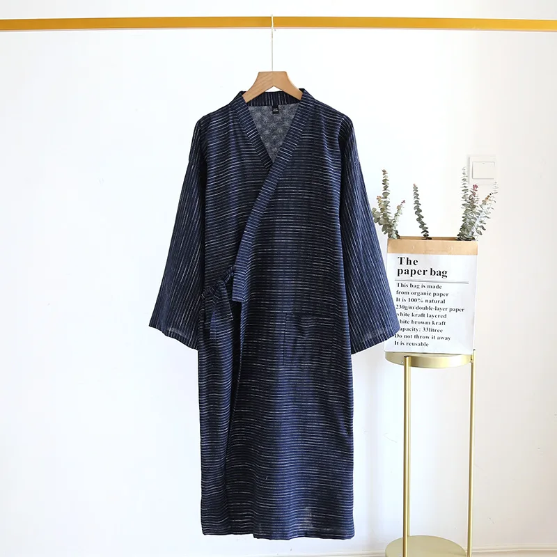 Frühling Und Sommer Neue Stil Japanischen Kimono männer Bademantel 100% Baumwolle Gestreiften Nachthemd Plus Größe Yukata Hause Schweiß Dampfenden set Image