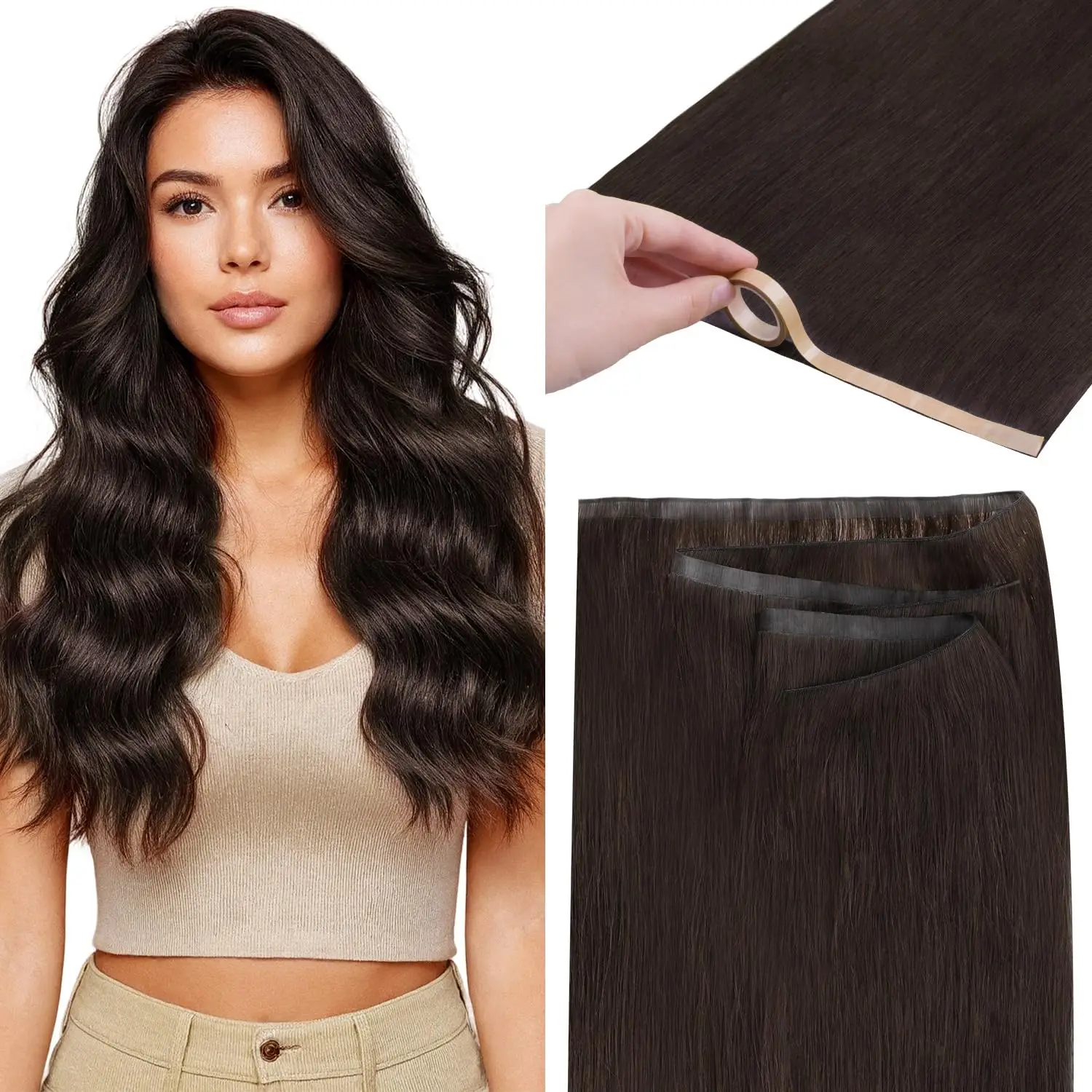 Tape In Weft-Haarverlängerungen, Echthaar, PU, langer Schuss, Tape-In-Haarverlängerungen, echtes Echthaar, seidig, einfach zu bedienen, Remy, 30,5–50,8 cm Image