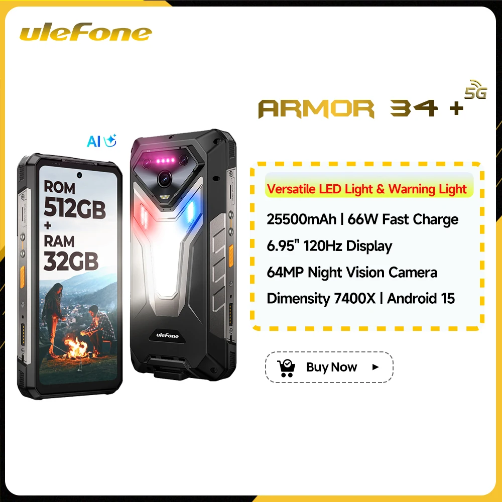 Ulefone Armor 34+ 5G Outdoor-Smartphone Android 15 25500mAh 66W Bis zu 32GB+512GB 6,95 Zoll 120Hz Display Vielseitige LED-Leuchte Image