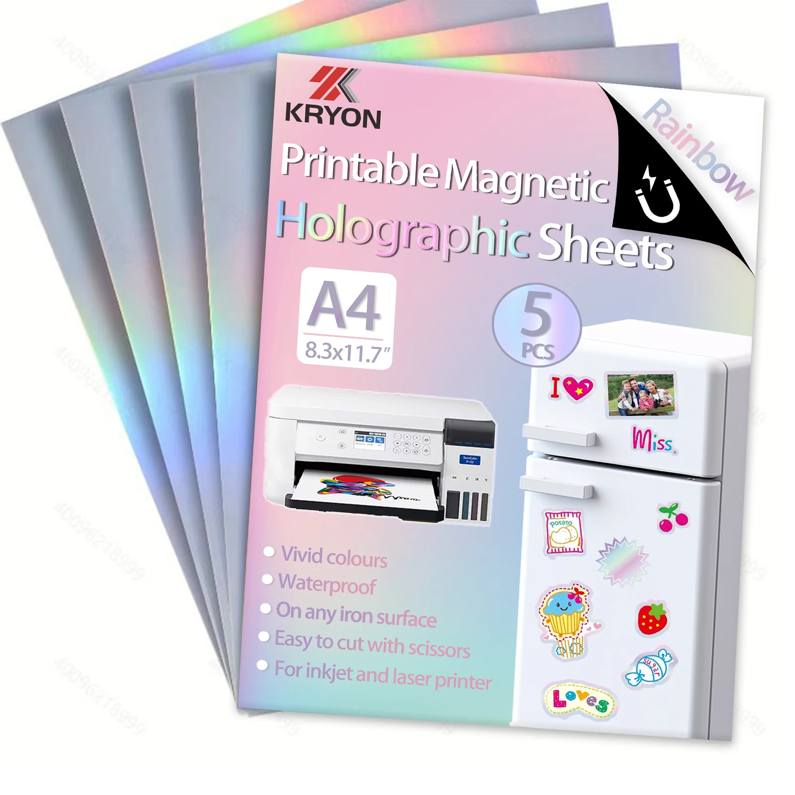 A4 8,3 × 11,7 Zoll 5 Blatt Regenbogen bedruckbare magnetische holografische Blätter holografisches Vinylpapier für Tintenstrahldrucker Image