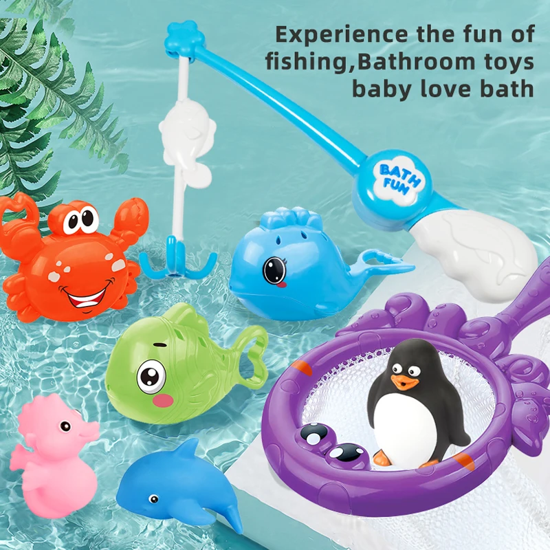 Badespielzeug, Angelspiele mit Fischnetz, Spritzen, Fische, Krabben, Pool, Badezeit, Badewannenspielzeug für Kleinkinder, Babys, Kinder, Kleinkinder, Mädchen und Jungen im Alter Image