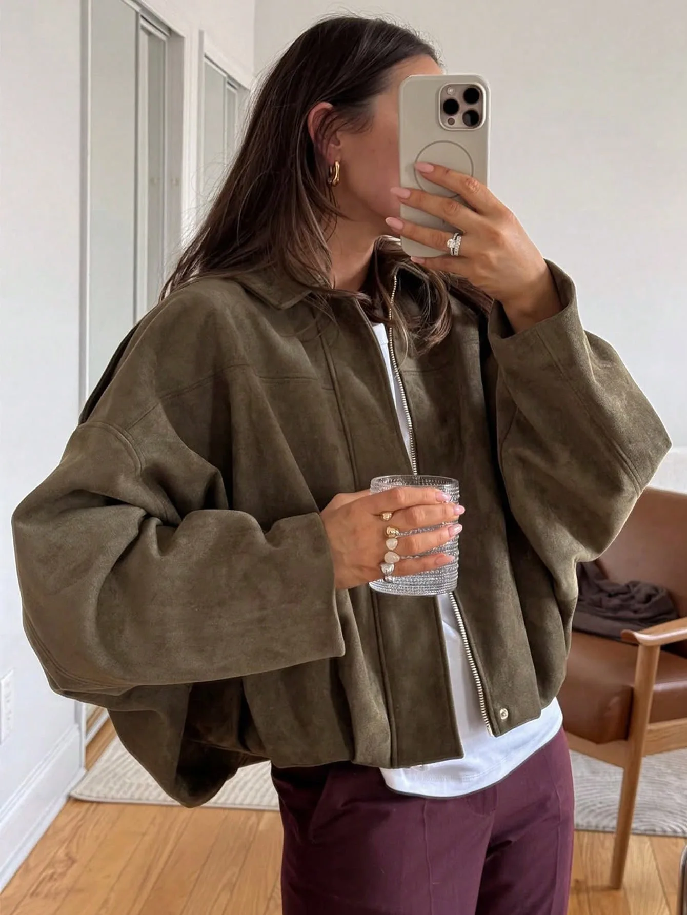 Vintage Frauen Grün Oversize Bomber Jacken 2025, Mode Damen Elegante Lose Weiche Outfits Jacke für Party Weibliche Chic Kleidung