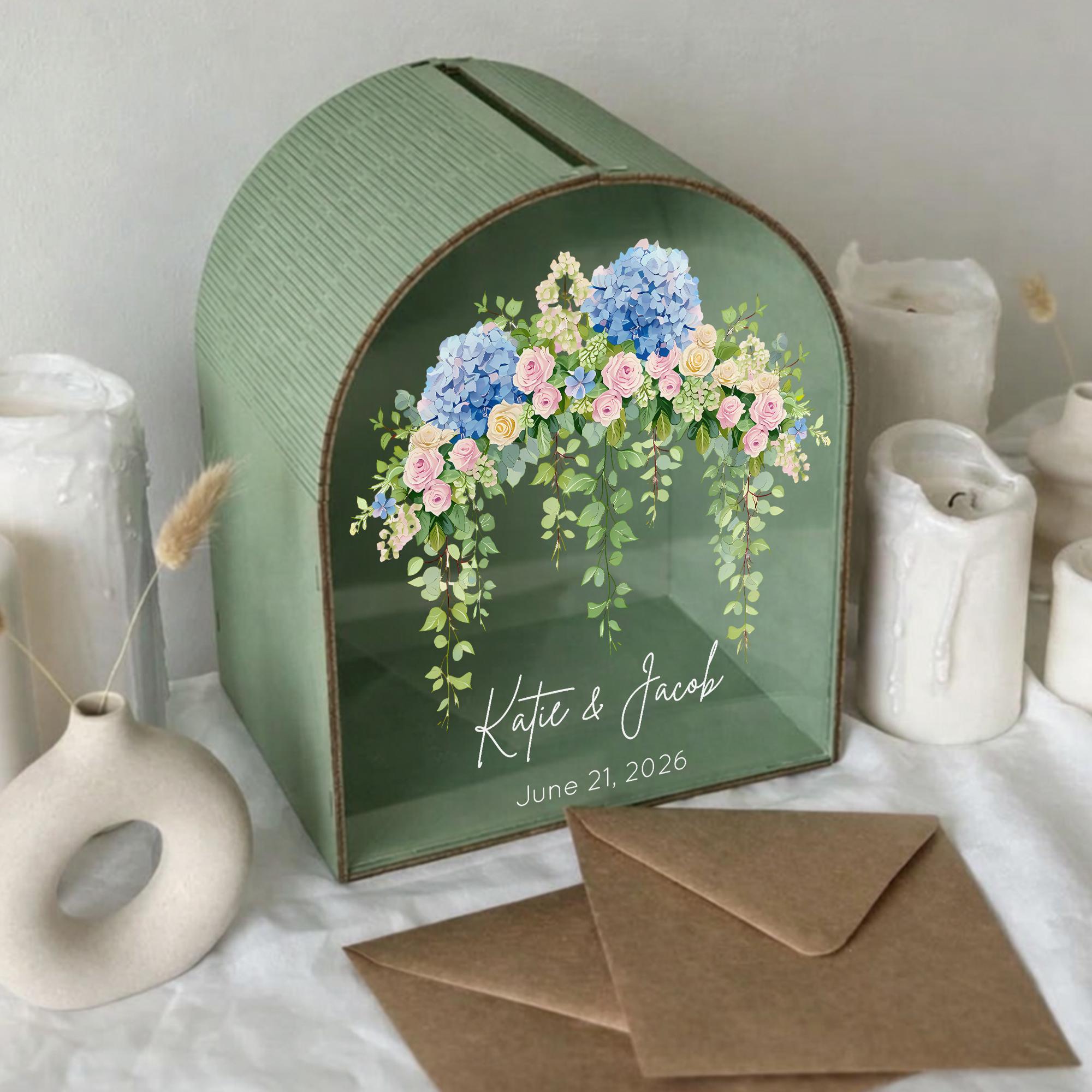 Scatola porta biglietti di nozze personalizzata, porta biglietti con decorazioni di ortensie, decorazioni per matrimoni in giardino, scatola porta big