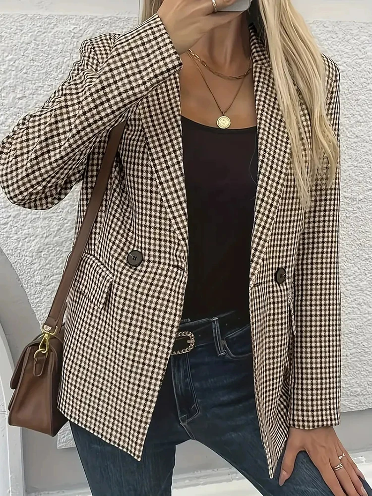 Frauen Plaid Elegante Blazer Vintage Langarm Einfache Büro Dame Taste Anzug Mäntel Frühling Herbst Slim Fit Ästhetische Jacke Neue
