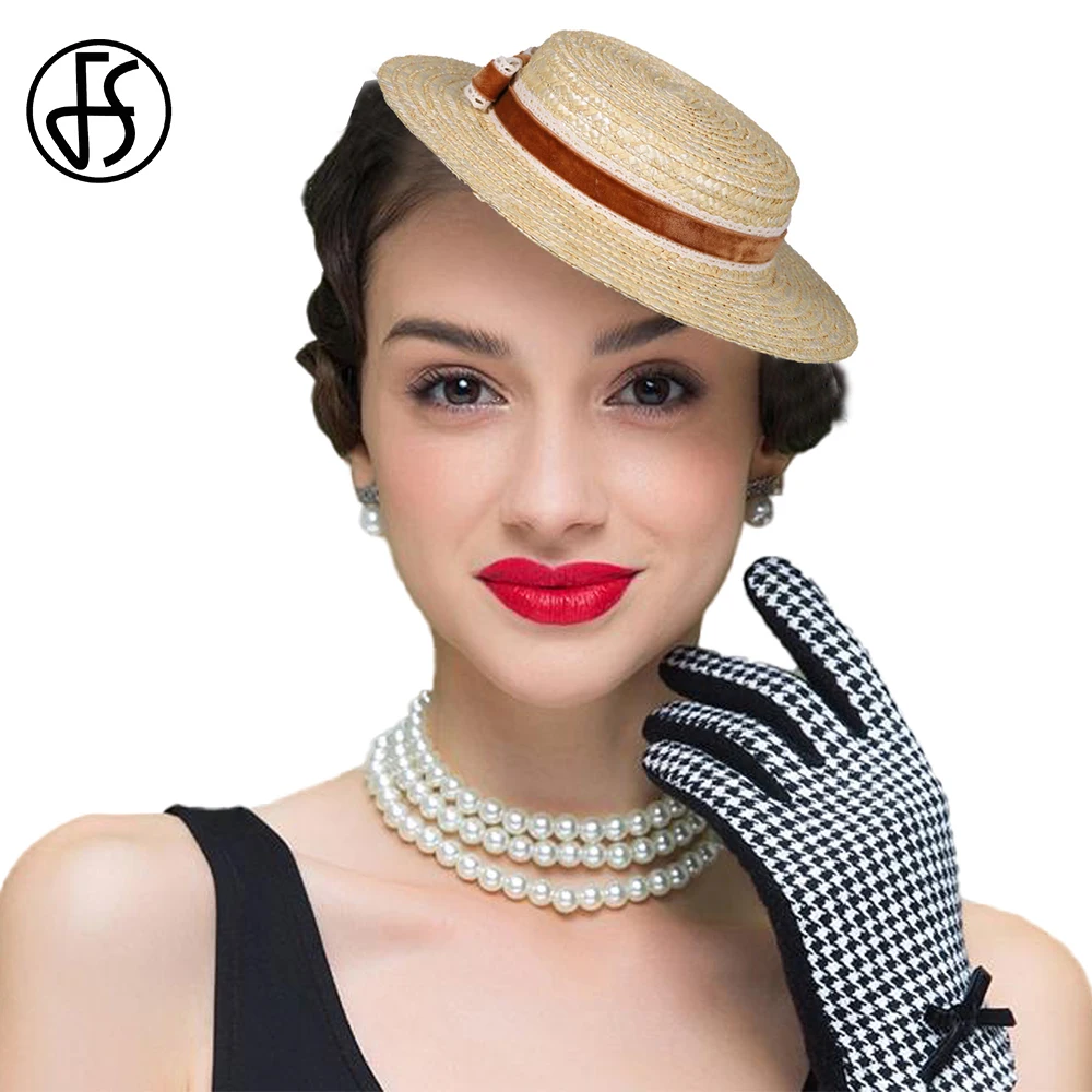 FS Sommer Retro Strohhüte mit kurzer Krempe, eleganter Kirchenhut für Damen, Teeparty-Fascinator-Kappe mit Häkelband, Sombrero Mujer Image