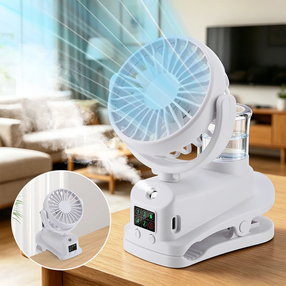 USB-Tischventilator mit 4 Geschwindigkeitsstufen, Clip-On-Design, Starker Wind, Leiser Betrieb, LED-Digitalanzeige und Nebelfunktion Image