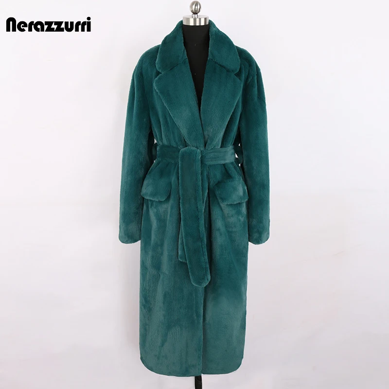 Nerazzurri Winter Lange Grün Warm Weiche Lose Flauschigen Faux Pelz Mantel Frauen Gürtel Revers Elegante Luxus Designer Koreanische Mode 2021
