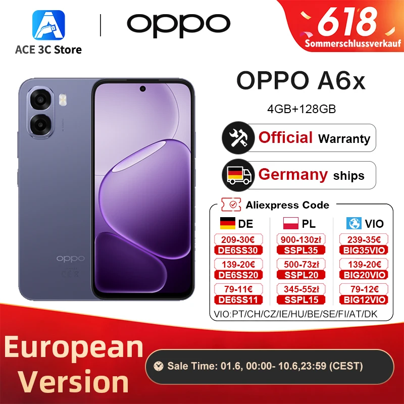 EU-Version Smartphone OPPO A6x 4 GB + 128 GB Blau, 6100 mAh, 6,75-Zoll-Display, offizielle Garantie, ColorOS 15.0, offizielle Garantie Image