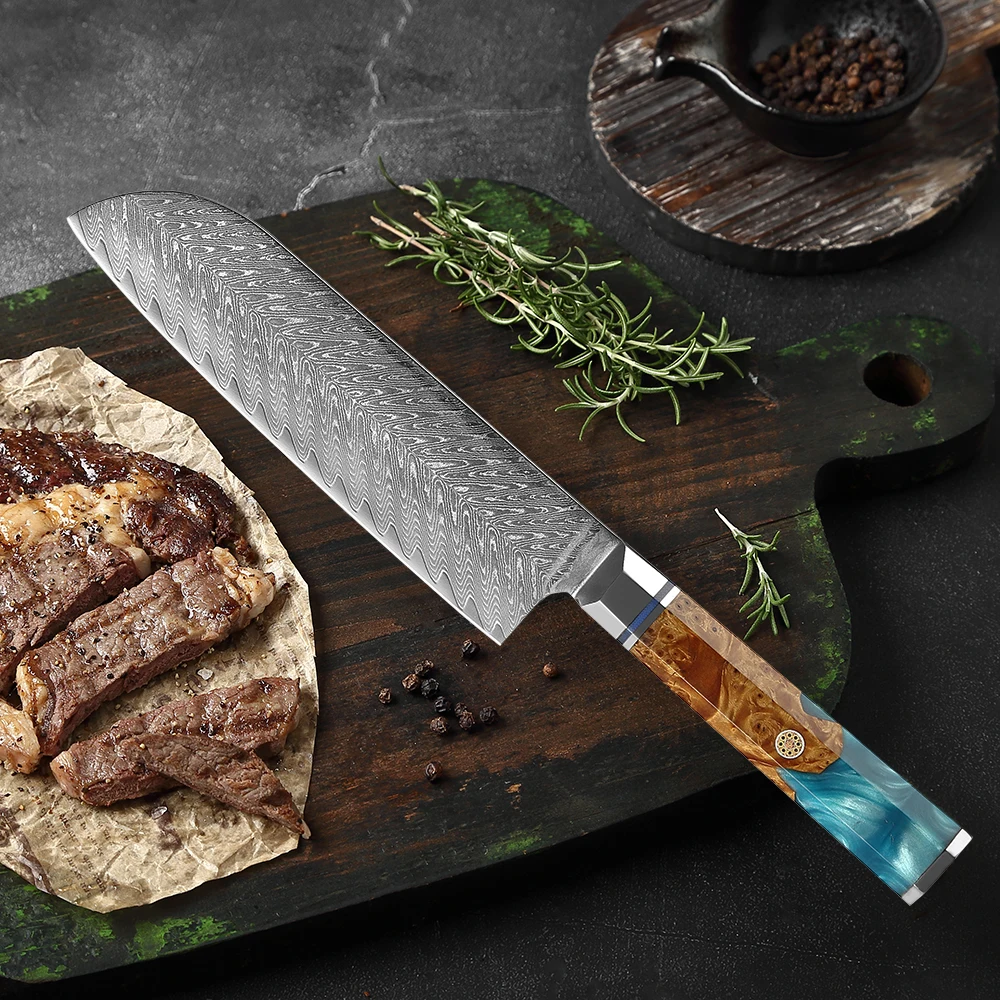 XITUO Santoku-Messer 7 Zoll Scharfes Küchenchefmesser Japanisches Damaszener Stahlmesser zum Kochen, Hacken von Gemüse und Fleisch Image