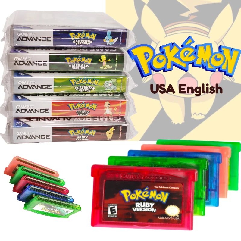 Pokemon USA 32 Bit Video Game Cartridge Console Card Emerald Ruby Leafgreen Sapphire Firered Game Cartridge Box Card for GBA