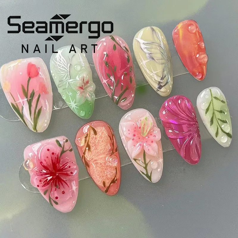 24 Stück Rosa-Grüne Mandel-Kunstnägel mit 3D Blumen- und Schmetterlingsmotiven zum Aufkleben, Frische Farben, Garten-Nagelkunst, Süßes Elegantes Design