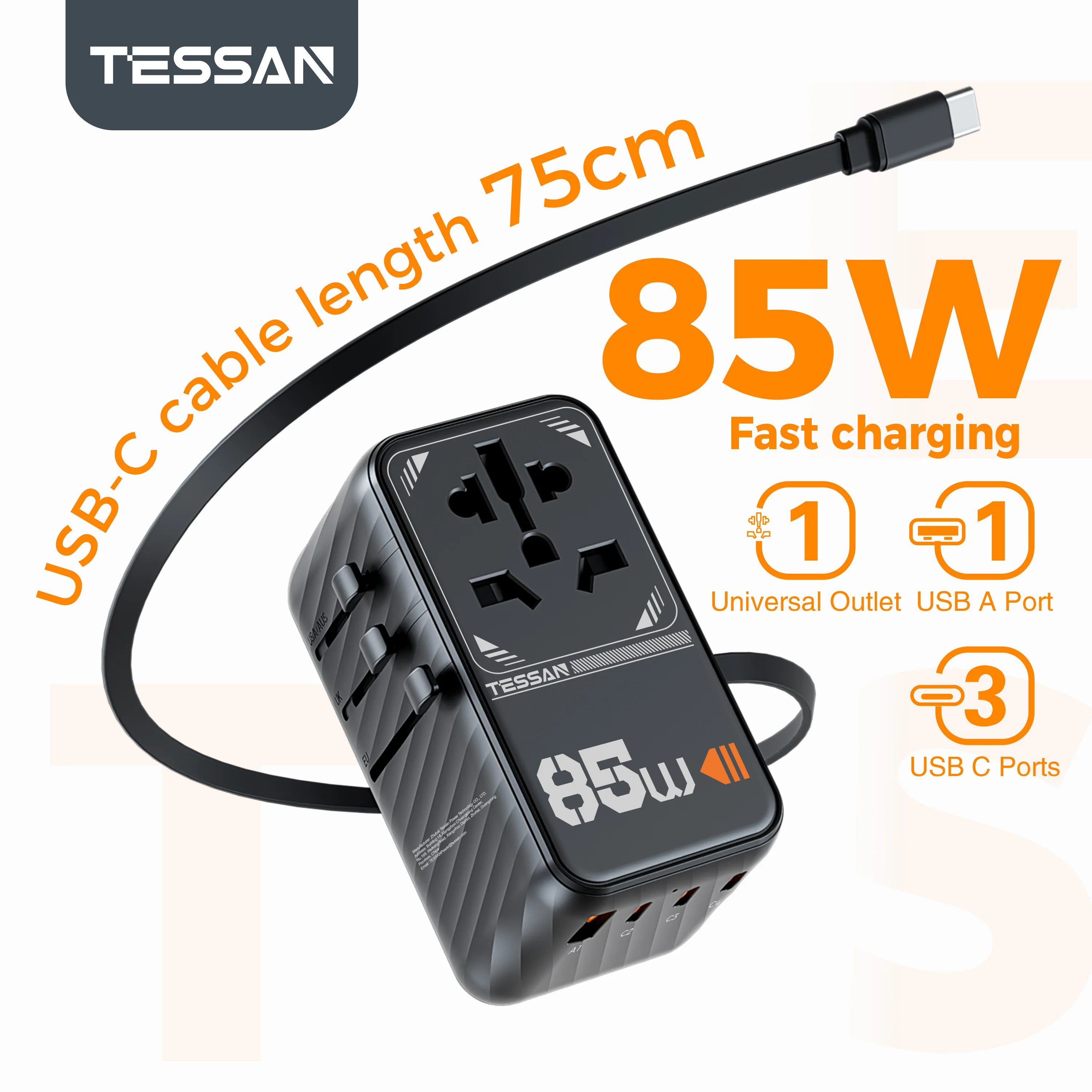 TESSAN 85W GaN Universal-Reiseadapter mit 1 USB 3 Typ-C-Anschluss und 1 USB-C-Kabel, internationaler Stecker, Wandladegerät für Reisen in die USA, EU, UK, AU Image