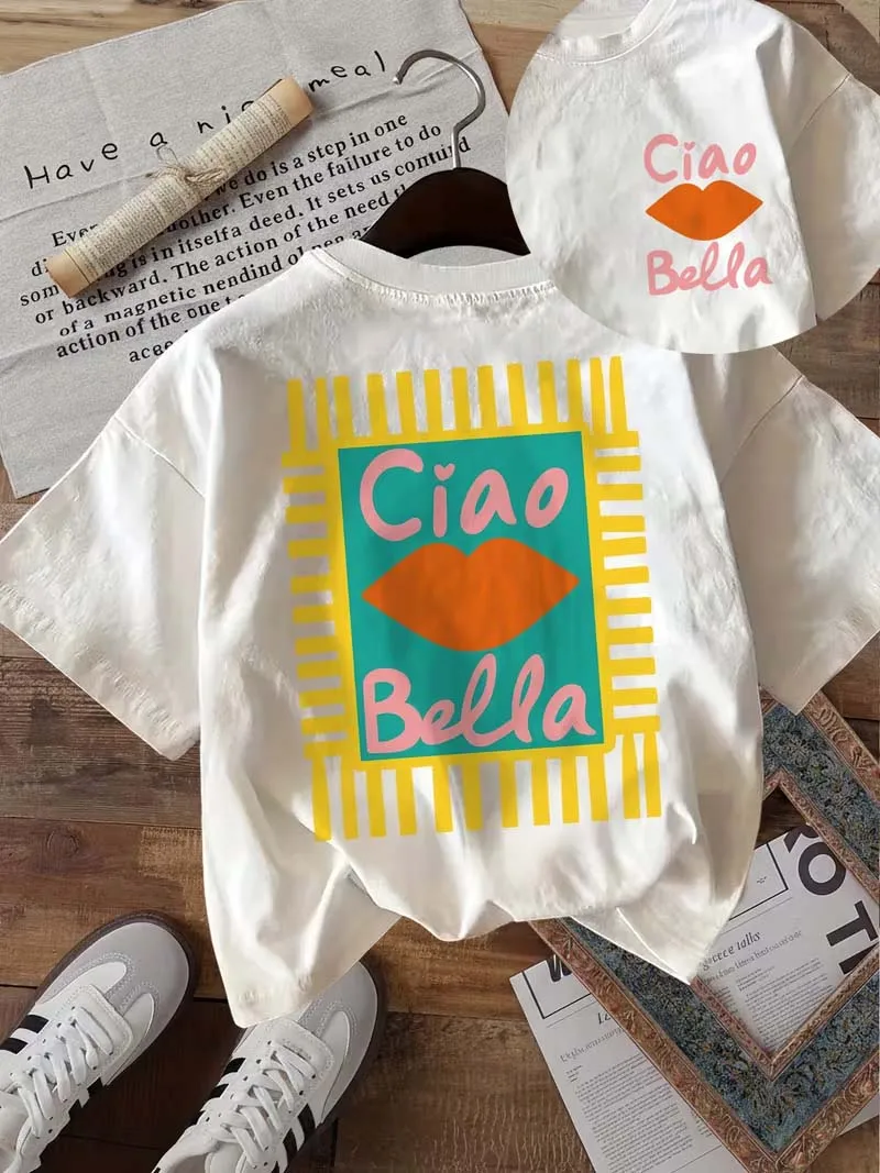 Damen-T-Shirt mit Ciao Bella Lips-Grafik, bedruckt auf Vorder- und Rückseite, lässiges Sommeroberteil mit Rundhalsausschnitt und kurzen Ärmeln, atmungsaktiv für den täglichen Gebrauch Image