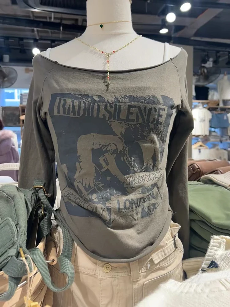 Armee Grün Brief Grafik Vintage T-shirts Frauen Sexy Slash Neck Baumwolle Dünne T-shirts Amerikanischen Streetwear Langarm T Shirt Y2k