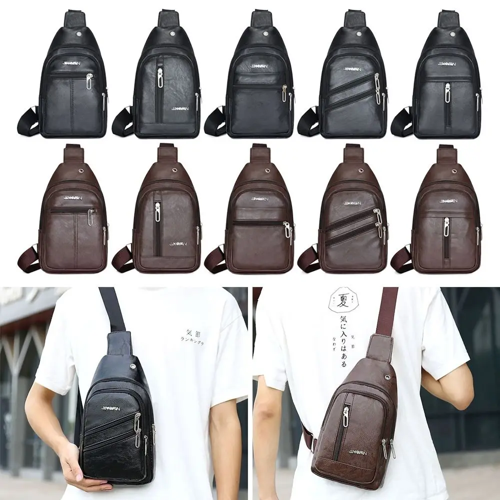 Einfarbige Herren Schulter tasche Mode Pu Leder große Kapazität Umhängetasche mit Kopfhörer Loch Anti-Diebstahl Brusttasche Image