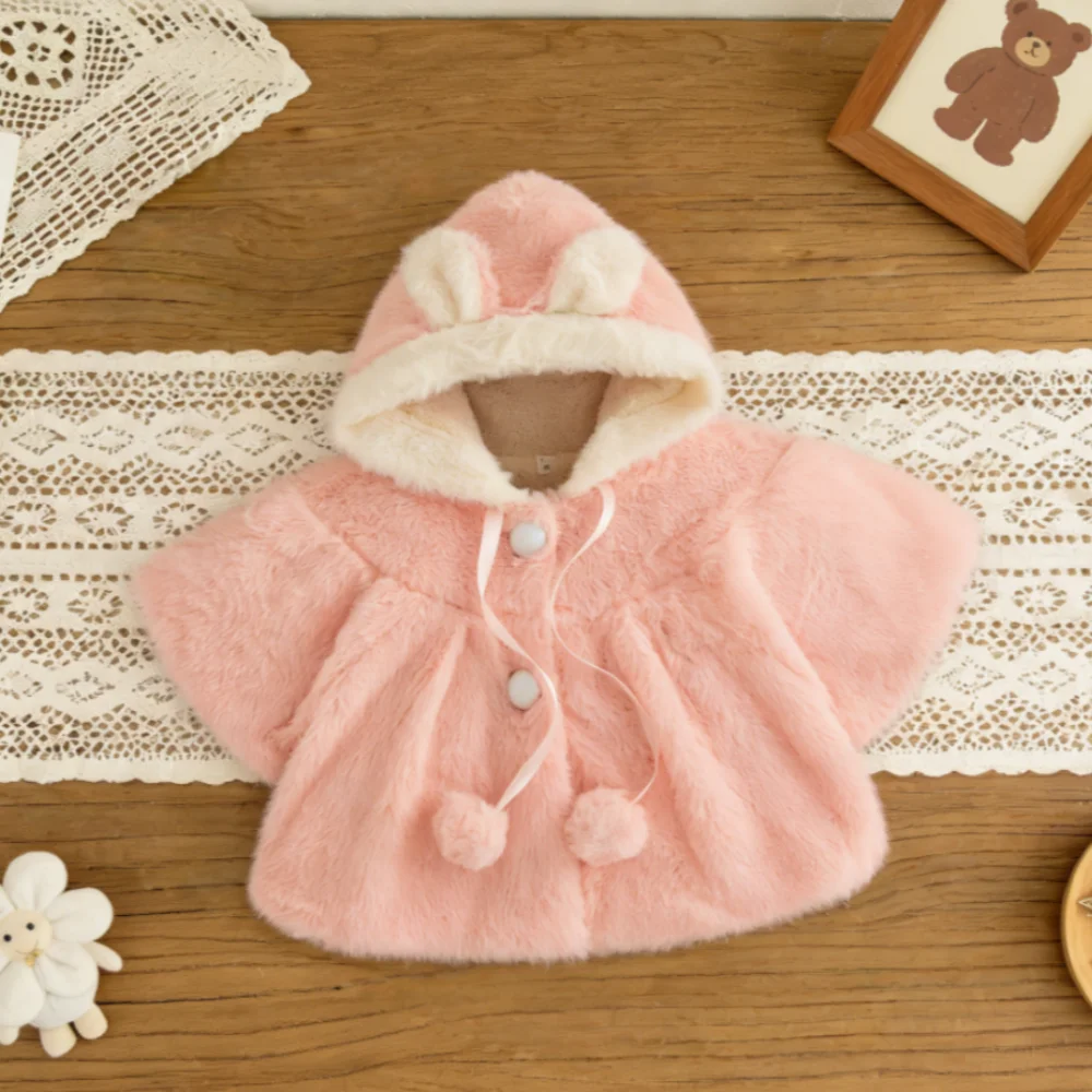 Mädchenmantel für den Winter, einfarbig, warm und niedlich, mit Kapuze, für Babys, süße Baby-Oberbekleidung mit Lammfell-Ohren Image