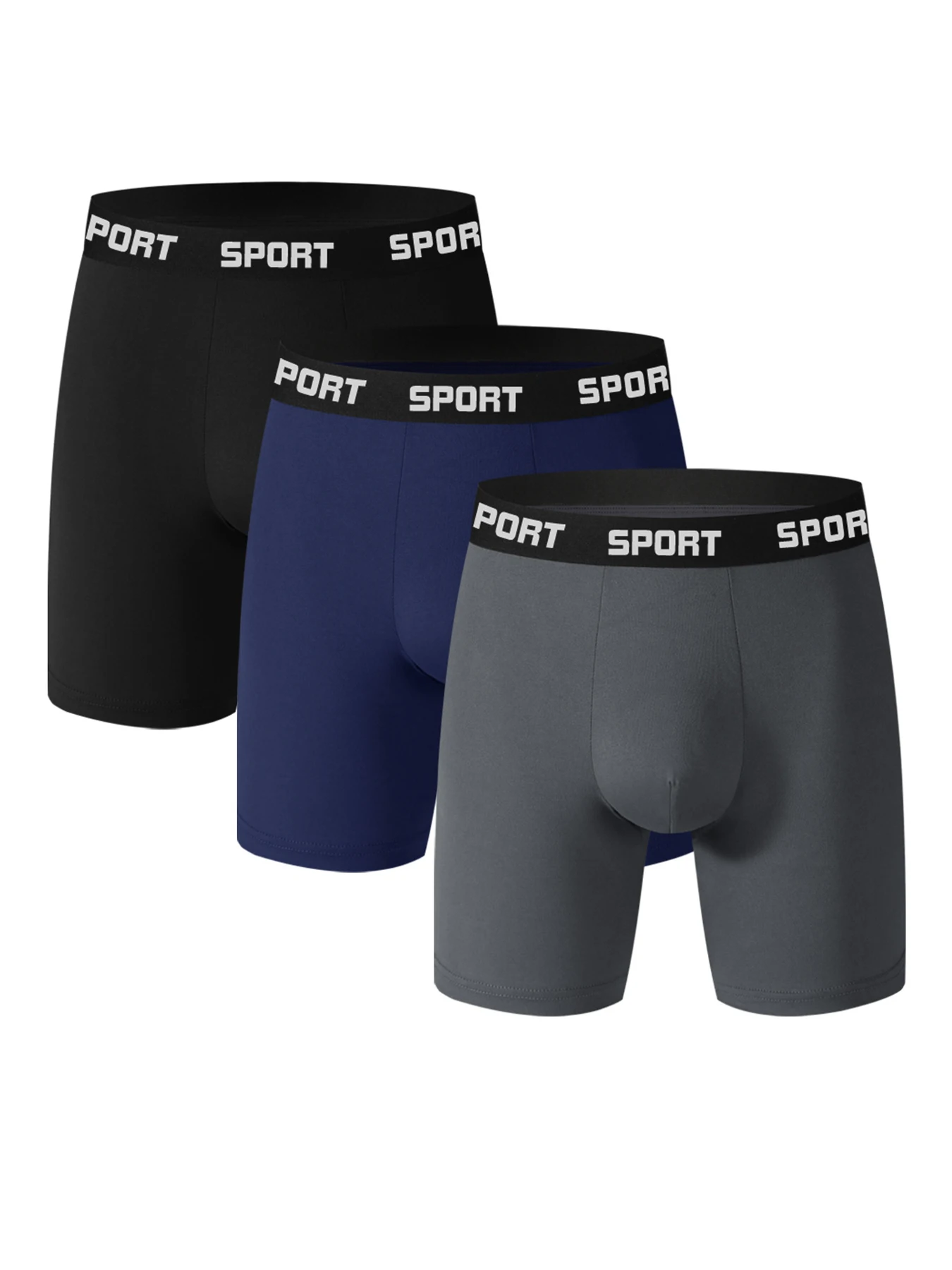Herren-Boxershorts aus Polyester im 3er-Pack – Unterwäsche-Set mit „SPORT“-Logo-Bund, Schwarz, Marineblau und Grau Image