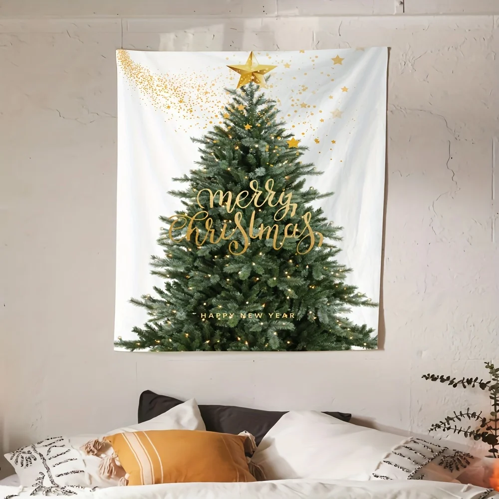 Wandteppiche für Weihnachten und Neujahr von VIKAMA, Weihnachtsbaumlichter, goldene Sterne, Wanddekorationen für Schlafzimmer und Wohnzimmer Image