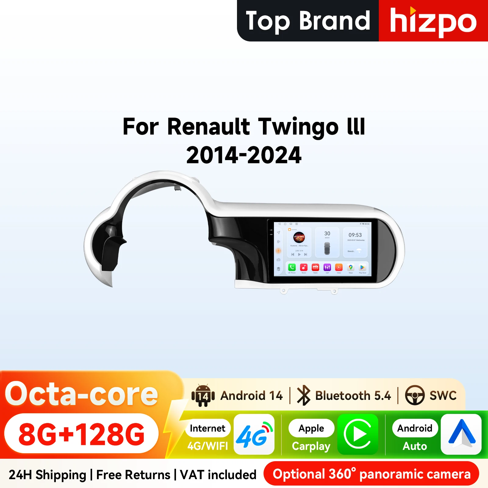 Hizpo 2Din 9 Zoll Android14 Autoradio für Renault Twingo 3 2014–2024 Snapdragon 6115 RDS DSP GPS Navi BT 4G Auto 360 ° CAM Image