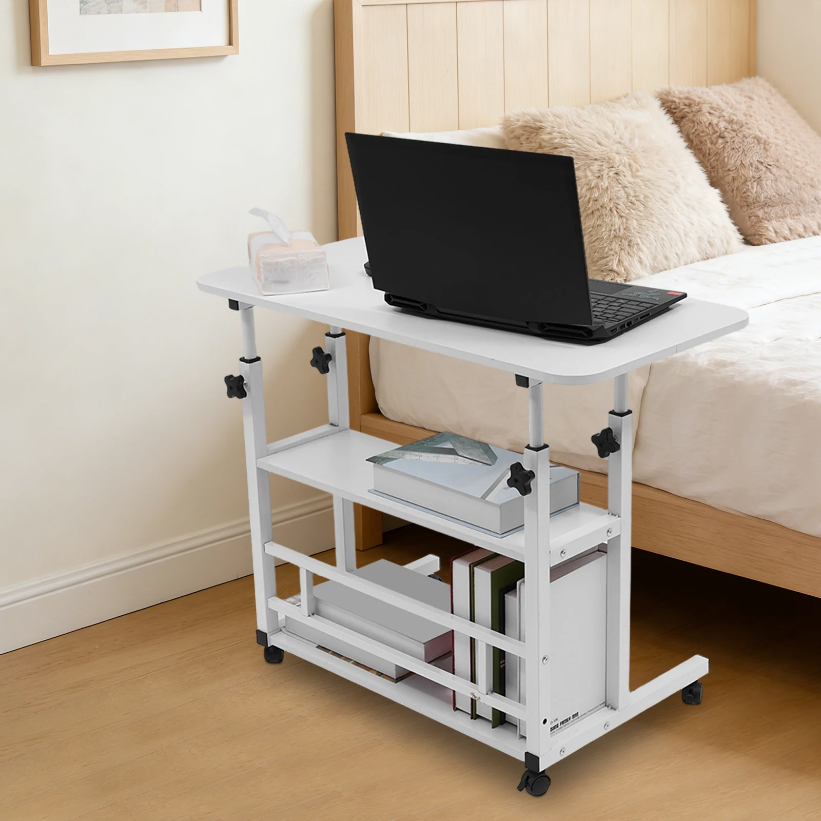 3-stufiger MDF-Rolltisch, höhenverstellbarer Laptop-Schreibtisch mit 4 Universalrollen mit Bremse, mobiler Sofa-Beistelltisch mit Stauraum