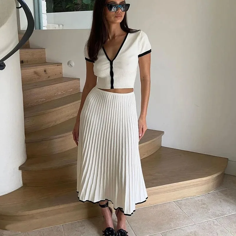 Sommer Damen Weißer langer Rock Anzug Kurzarm V-Ausschnitt Crop Top Plissee Set elegantes Kleid 2-teiliges Rock-Set
