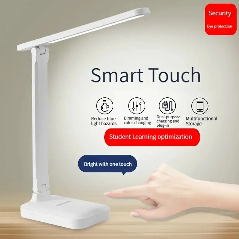 LED-Touch-Schalter, weiß, zusammenklappbar, Schreibtischlampe, Schlafzimmer, Nachttisch, Arbeitszimmer, Lesen, Augenpflege, Nachtlampe, USB-Stecker, dimmbar, weiße Schreibtischlampe