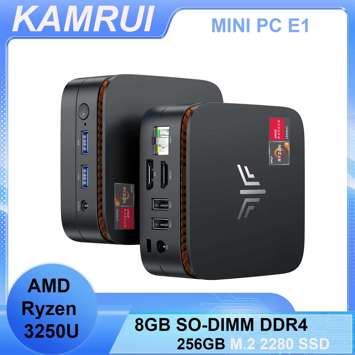 Mini-PC AMD Ryzen 3250U 8GB SO-DIMM DDR4 256GB M.2 2280 SSD Windows 11 Pro WiFi5 Dual 4K Mini-Desktop-Computer für Büro und Zuhause