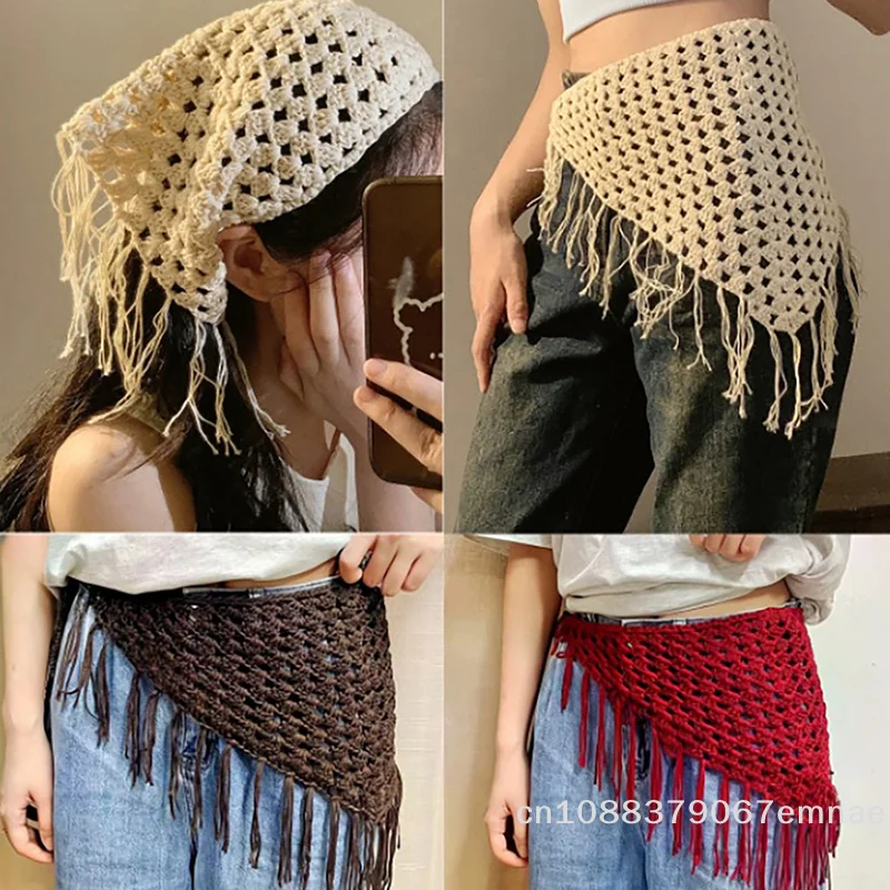 [ZY]Y2K Hollow-Out Fringe Triangle Schal für Damen, Frühling, verstellbares Layering-Accessoire, vielseitiges Taillen- und Hüftwickel-Mode-Bandana Image