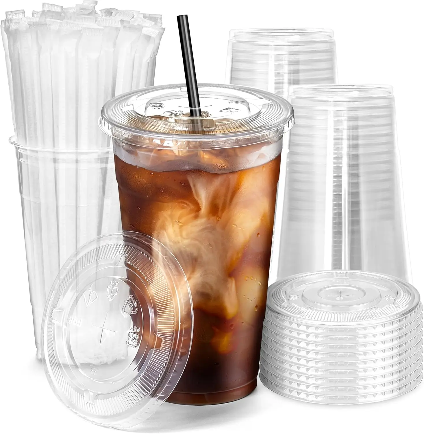100er-Set 16/20/24 oz Plastik-Eiskaffeebecher mit Flachdeckeln und Strohhalmen Einweg-Klarsichtbecher BPA-frei für Partys oder Cafés Image