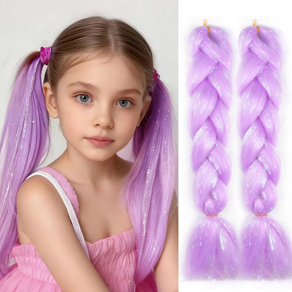 2 Stück lila rosa Lametta-Pferdeschwanzverlängerung mit elastischem Haargummi, synthetisches Flechthaar für Kinder, Mädchen, Party, täglicher Gebrauch, Festival Image