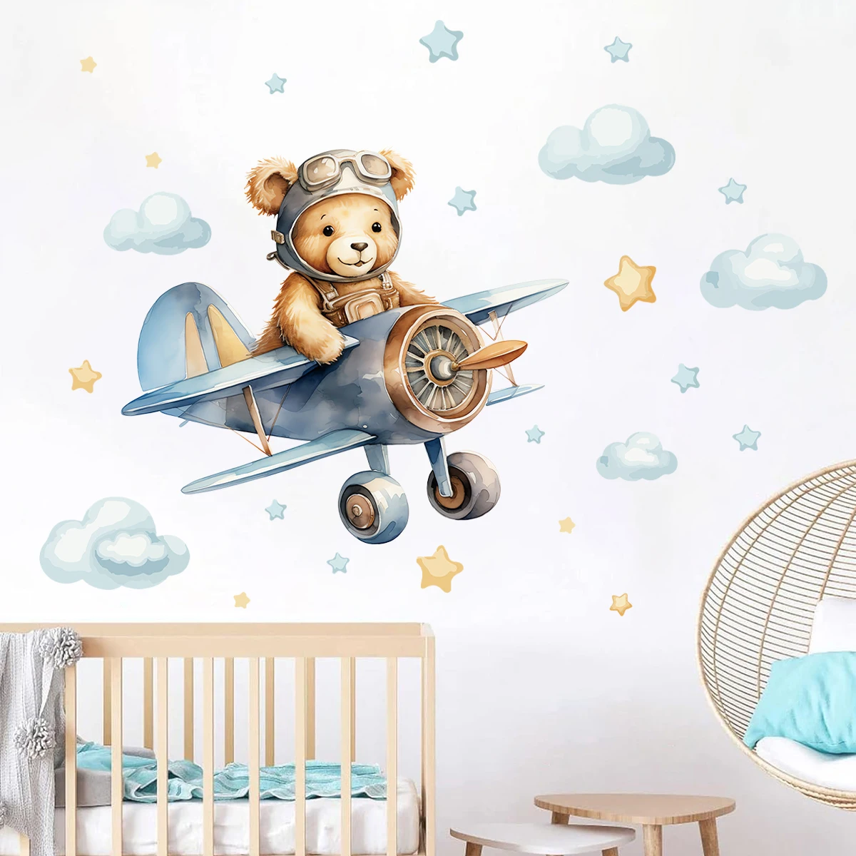 1 Stück PVC selbstklebende Wandaufkleber für Kinderzimmer Dekoration für Jungen Schlafzimmer Cartoon Flugzeug Astronaut Bär Wandtattoos