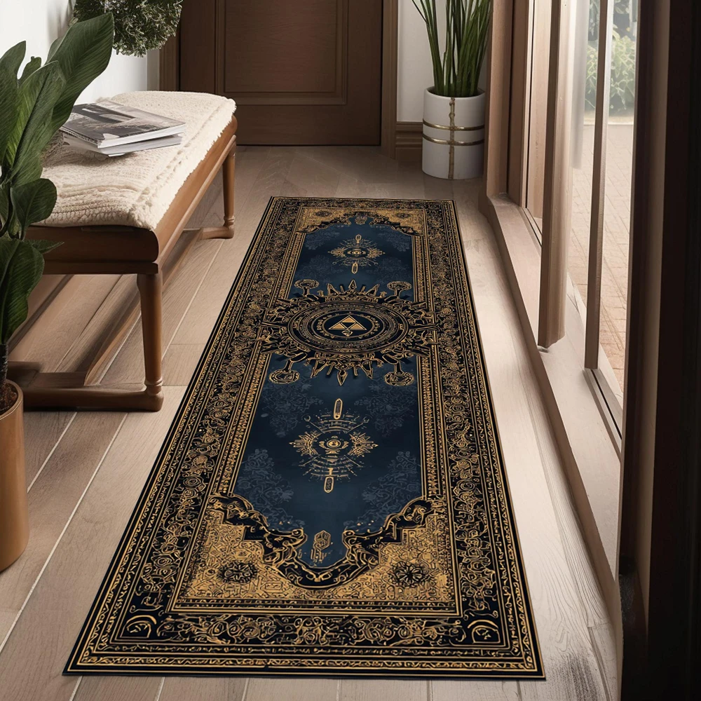 Der Triforce Läufer-Teppich Vintage Gold Blau Verzierter Druck Rutschfester Teppich für Wohnzimmer Schlafzimmer Flur Heim-Dekoration Image