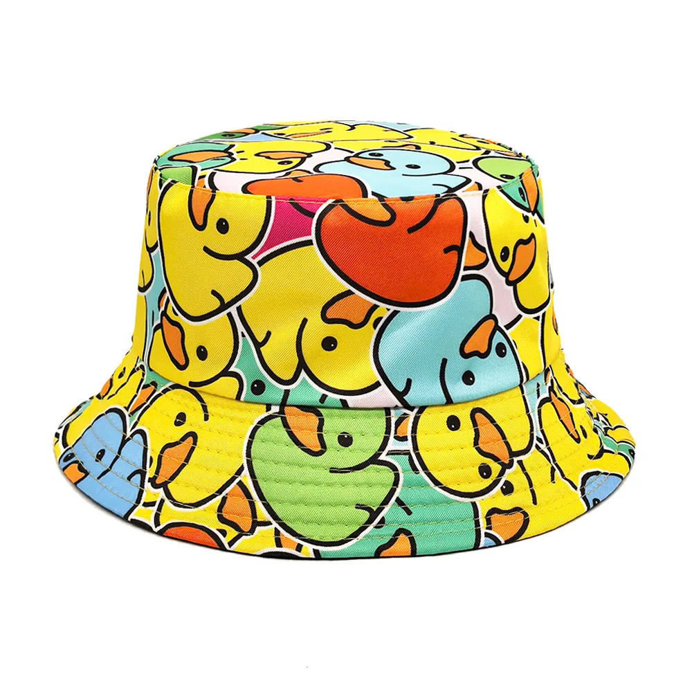 Niedlicher Cartoon-Enten-Print Bucket Hat für Damen und Herren, modischer Panama-Hut für Sommer, Outdoor, Reisen, Sonnenschutz, Fischerhut, Hip-Hop-Stil