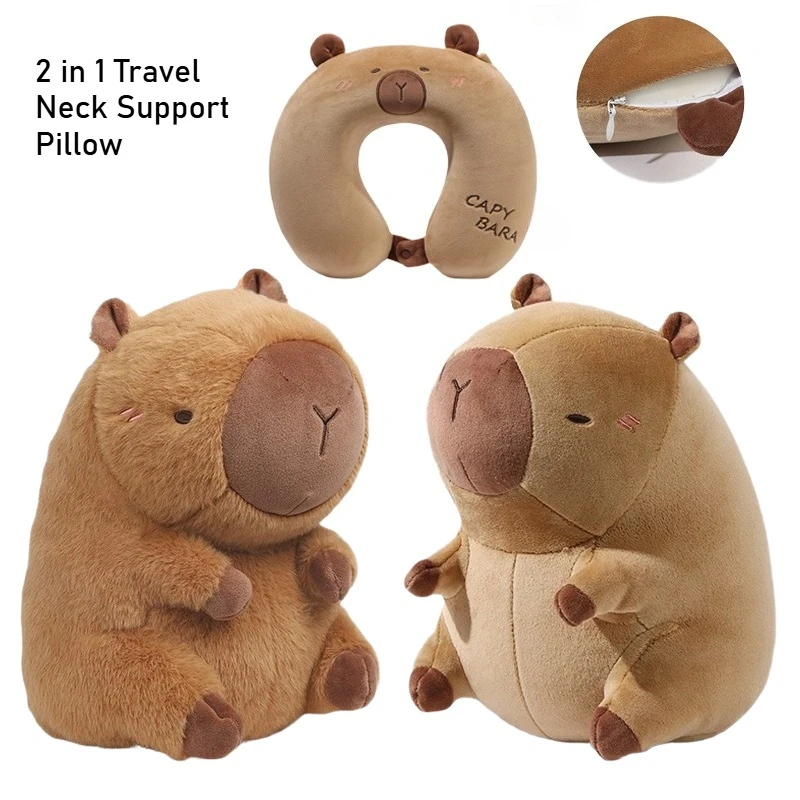 Tragbares Kawaii Capybara U-förmiges Plüschkissen, 2-in-1, Reise-Nackenstützkissen, niedliches Plüsch-Wurfkissen, Bürostuhlkissen Image