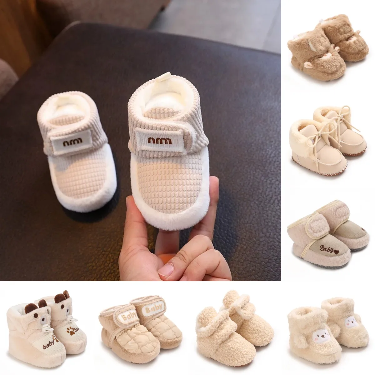 0-18M Apricot Neue Weiche Winter Stiefel Baby Mädchen Jungen Winter Warme Schuhe Solide Mode Kleinkind Fuzzy Bälle erste Wanderer Kind Schuhe Image
