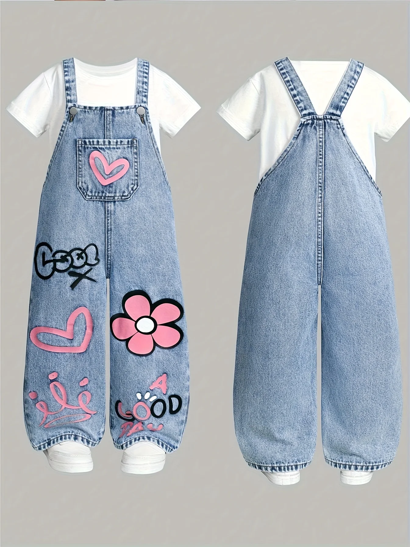 Lässige und bequeme Y2K-Streetwear-Denim-Kordelzughose für Mädchen mit Blumenmuster und herzförmigem Regenbogen-Graffiti-Muster. Image