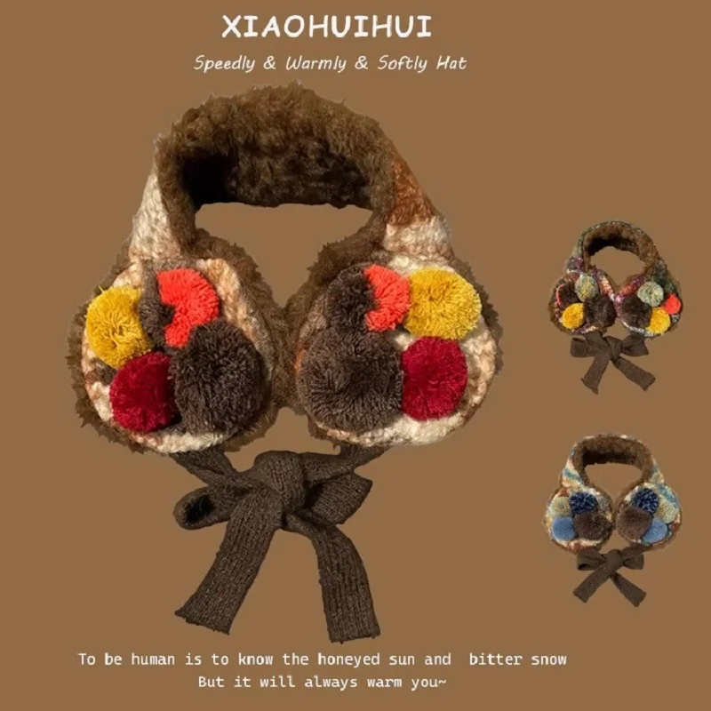 Korea Süße Vielseitige Kontrastfarbe Plaid Niedliche Pom-Pom Plüsch Ohrenschützer für Frauen Herbst und Winter Reisen Warme Ohrenklappen Image