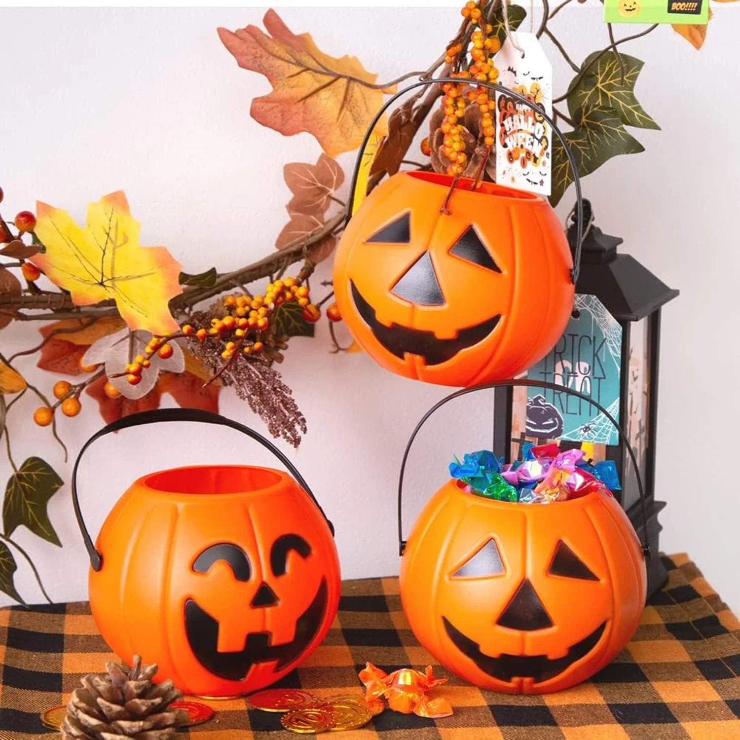 3 Stück Halloween Kürbis Eimer tragbare Jack-O-Laterne Eimer Kerze LED Lichter Trick or Treat Goody Eimer für Kinder Image
