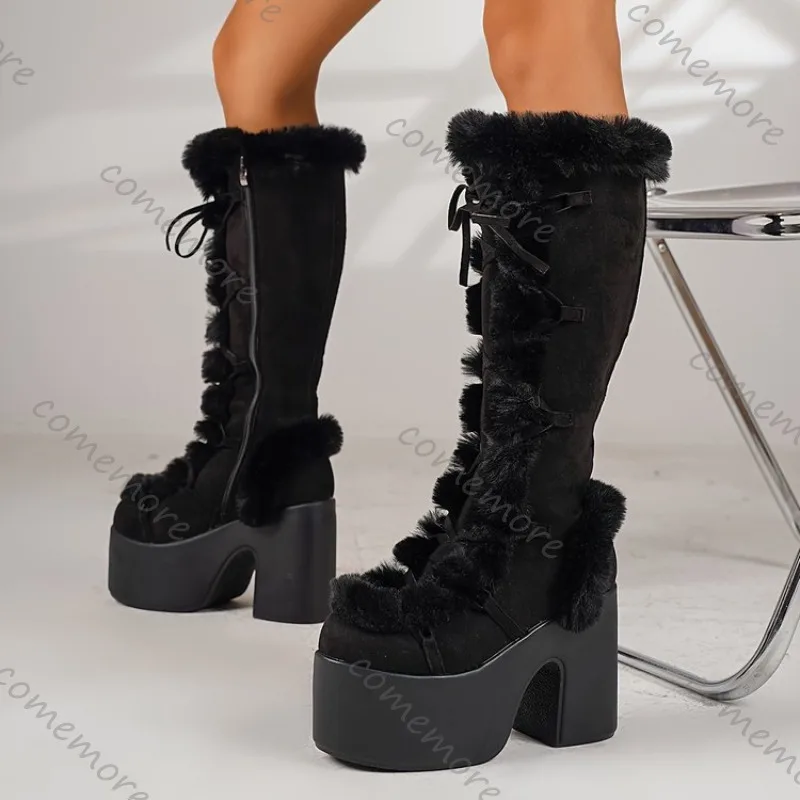 Comemore Gothic Lolita Plateaustiefel für Damen, Winter, warm, pelzig, kniehohe Stiefel, Stepp, High Heels, Wildleder, Plüsch, lange Schneestiefel