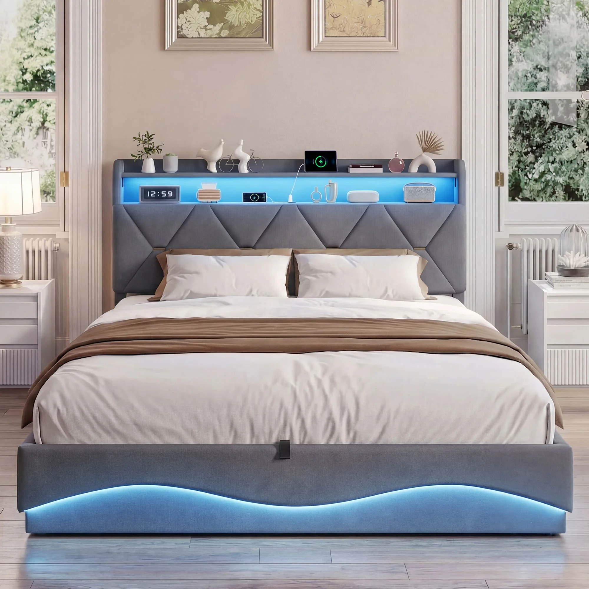 MGMYM Bett mit Polsterung, Doppelbett, hydraulisches Bett, Doppelbett mit Stauraum, Lattenrost, LED und USB, Samt