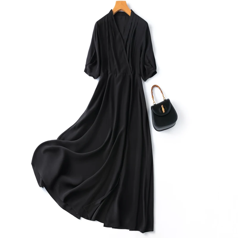 Damen-Maxikleid aus Seide, 100 % Maulbeer-Krepp-Seide, einfarbig, Schwarz, V-Ausschnitt, Taille mit Gürtel, elegantes langes Kleid, großer Saum, M, L, XL, MM891