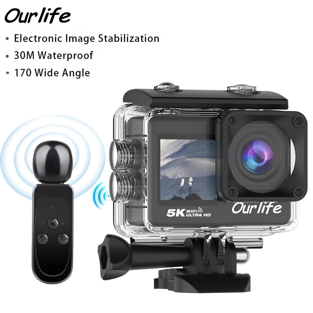 Ourlife MTR60 Pro 5K Actionkamera 2,0'' Touchscreen 170 ° 30 m wasserdichte 5-fach Zoom-WLAN-Sportkamera mit 2-in-1-Fernbedienung Image